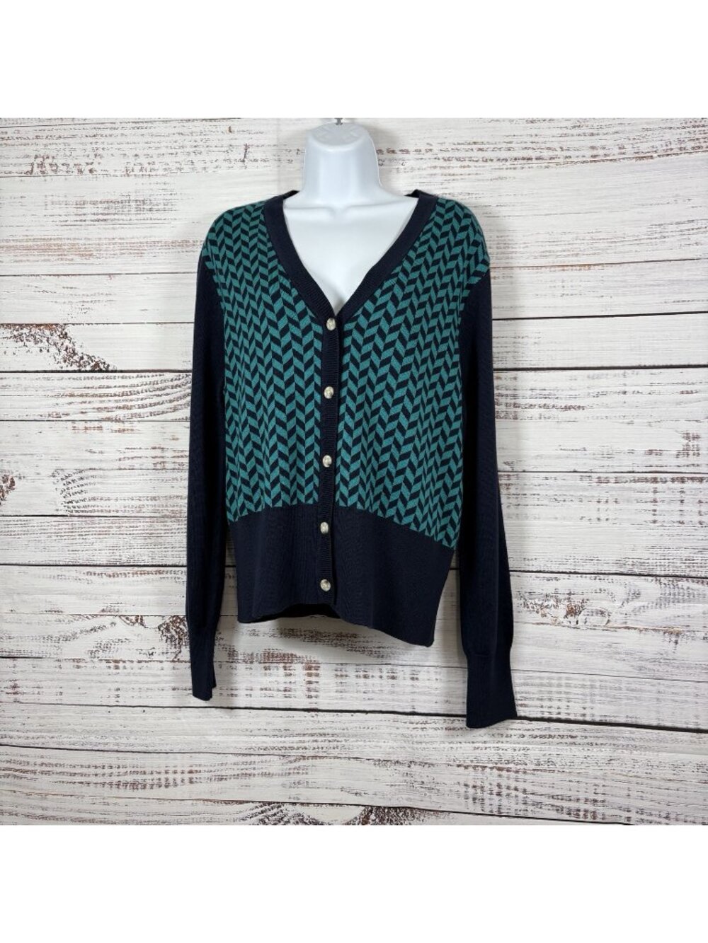 Lady Hagen Golf Navy Herringbone Button Long Sleeve Cardigan Sweater